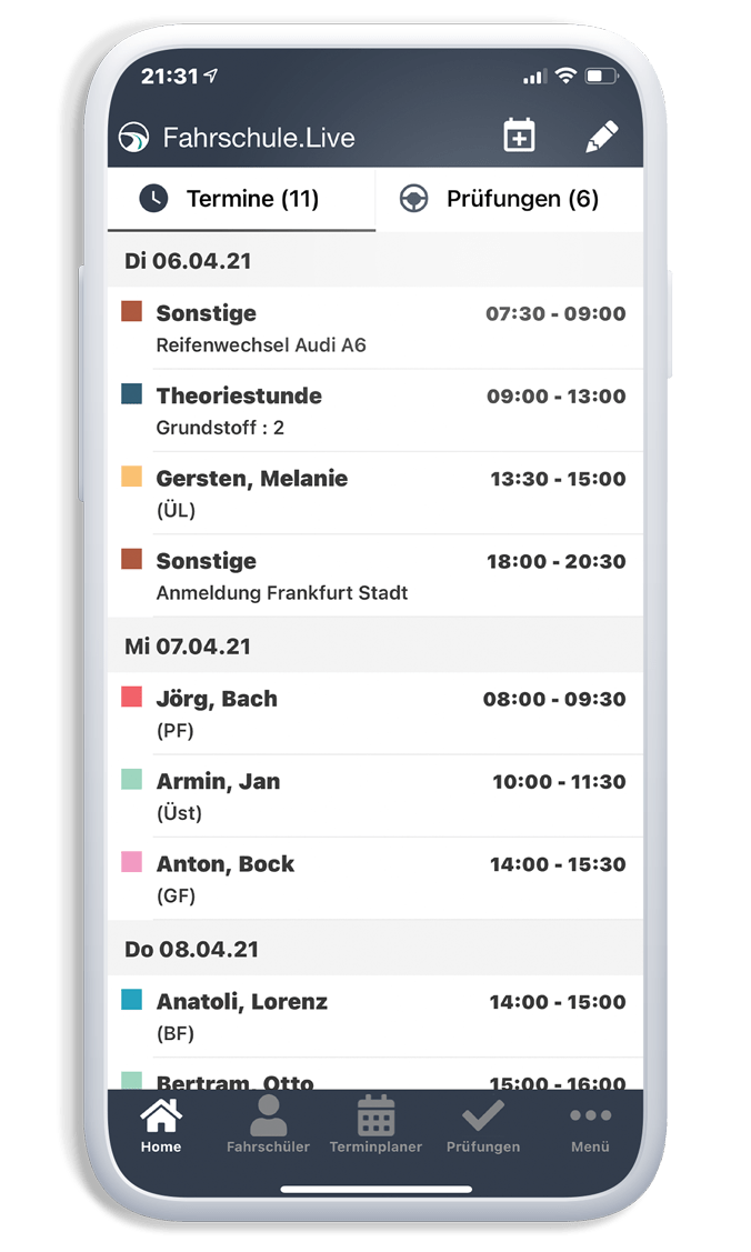 Fahrschule Live Mobile App - Alle Fahrstunden im Überblick mit Fahrschule Live Verwaltung